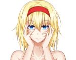  1girl alice_margatroid bangs bare_shoulders blonde_hair blue_eyes closed_mouth collarbone hair_between_eyes hands_on_own_cheeks hands_on_own_face looking_at_viewer piro_(iiiiiiiiii) portrait smile solo touhou white_background yandere 