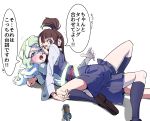  !! ... 2girls akko_kagari blue_eyes blush brown_hair diana_cavendish girl_on_top highres kneehighs little_witch_academia long_hair long_sleeves looking_at_viewer looking_back lying multiple_girls nukosann on_back open_mouth red_eyes school_uniform simple_background skirt speech_bubble sweatdrop text tied_hair translation_request white_background white_hair yuri 