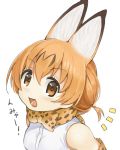  1girl :3 :d animal_ears bare_shoulders blonde_hair blush bow bowtie cat_ears commentary_request elbow_gloves gloves highres kemono_friends looking_at_viewer open_mouth round_teeth seramikku serval_(kemono_friends) serval_ears serval_print shirt short_hair sleeveless smile solo teeth translation_request white_shirt yellow_eyes 