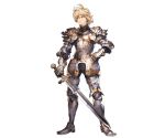  1boy alpha_transparency armor blonde_hair blue_eyes boots full_body gauntlets granblue_fantasy holding holding_sword holding_weapon looking_afar male_focus minaba_hideo official_art romeo_(granblue_fantasy) short_hair solo standing sword transparent_background weapon 