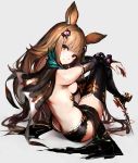  1girl animal_ears ass bangs black_gloves black_legwear breasts brown_eyes brown_hair butt_crack cape erun_(granblue_fantasy) full_body gloves granblue_fantasy grey_background hair_ornament heart highres long_hair looking_at_viewer looking_back medium_breasts metella_(granblue_fantasy) mole mole_under_mouth oyu_(sijimisizimi) sideboob simple_background sitting smile solo spikes thigh-highs 