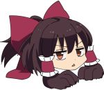  &gt;:&lt; 1girl annoyed blush bow brown_hair chigaunsuyo closed_mouth commentary hair_bow hair_tubes hakurei_reimu jitome large_bow leon_(mikiri_hassha) paws ponytail red_eyes short_hair solo touhou triangle_mouth 