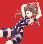  1girl armpits arms_up bangs breasts brown_hair himekaidou_hatate hot_limit long_hair looking_at_viewer medium_breasts nibi open_mouth pointy_ears red_background smile solo t.m.revolution touhou twintails violet_eyes 