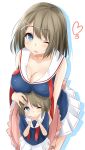  2girls blue_eyes breast_rest breasts breasts_on_head brown_hair cleavage commentary_request hair_ornament hairclip heart highres if_they_mated kantai_collection large_breasts leaning_forward looking_at_viewer maya_(kantai_collection) mother_and_daughter multiple_girls neckerchief older one_eye_closed open_mouth pleated_skirt revision saku_(kudrove) school_uniform serafuku short_hair simple_background skirt white_background younger 