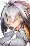  1girl artist_name blush breasts character_name collared_shirt eyebrows_visible_through_hair grey_hair grey_shirt hair_between_eyes head_wings highres kemono_friends kentchiro_souriyadeth large_breasts looking_at_viewer necktie shiny shiny_clothes shirt shoebill_(kemono_friends) short_hair signature simple_background solo twitter_username white_background white_necktie yellow_eyes 