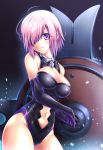  1girl bare_shoulders breasts cleavage cowboy_shot elbow_gloves fate/grand_order fate_(series) gloves hair_over_one_eye highres large_breasts leotard looking_at_viewer midriff miyabi_urumi navel_cutout purple_hair shield shielder_(fate/grand_order) short_hair smile solo violet_eyes 