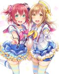  2girls :d aozora_jumping_heart aqua_eyes bangs bow bracelet brown_hair choker commentary_request dress earrings frills gloves hair_bow hand_holding hat hat_bow jewelry kunikida_hanamaru kurosawa_ruby long_hair love_live! love_live!_sunshine!! multiple_girls neckerchief open_mouth pointing pointing_at_viewer redhead sailor_collar sailor_hat sakou_mochi scrunchie short_sleeves smile striped striped_bow suspenders thigh-highs two_side_up yellow_bow yellow_eyes 