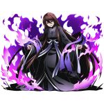  1girl absurdly_long_hair black_kimono brown_hair divine_gate fire full_body hair_between_eyes japanese_clothes kimono long_hair looking_at_viewer official_art shadow solo strike_the_blood tokoyogi_aya transparent_background ucmm very_long_hair violet_eyes 