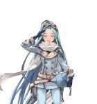  1girl belt blue_hair closed_eyes gloves goggles goggles_on_head granblue_fantasy helmet holding jacket long_hair lyria_(granblue_fantasy) minaba_hideo official_art open_mouth racing_suit salute scarf smile solo transparent_background very_long_hair white_scarf 