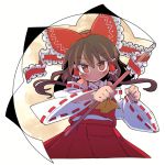  1girl ascot bow brown_eyes brown_hair clenched_hand collared_shirt detached_sleeves frilled_bow frilled_ribbon frills gohei hair_between_eyes hair_bow hair_ribbon hair_tubes hakurei_reimu ini_(inunabe00) looking_at_viewer red_bow red_ribbon red_skirt red_vest ribbon shirt sidelocks skirt solo touhou upper_body vest white_shirt wide_sleeves yellow_ascot 