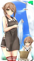  2girls apron bare_shoulders basket black_panties blue_sky brown_hair clothesline commentary_request crop_top day highleg highleg_panties highres if_they_mated kantai_collection laundry looking_at_viewer miniskirt mother_and_daughter multiple_girls mutsu_(kantai_collection) open_mouth panties revision saku_(kudrove) short_hair skirt sky stool striped striped_legwear thigh-highs underwear yellow_eyes younger 