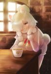  1girl absurdres alpaca_ears alpaca_suri animal_ears beige_vest bent_over blonde_hair boots breast_rest breasts closed_mouth colored_eyelashes cup eyebrows_visible_through_hair eyelashes fur-trimmed_sleeves fur_collar fur_trim hair_bun hair_over_one_eye hair_ribbon highres holding holding_cup indoors kemono_friends large_breasts leaning_forward long_sleeves looking_at_viewer neck_ribbon pantyhose pantyhose_under_shorts ribbon shimotsukishin shirt short_hair shorts smile solo standing tail tareme tea teacup tress_ribbon vest violet_eyes white_legwear white_ribbon window wooden_floor 