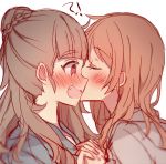  !? 2girls braid brown_eyes brown_hair cheek_kiss closed_eyes commentary fang french_braid houjou_karen idolmaster idolmaster_cinderella_girls interlocked_fingers kamiya_nao kiss kvlen long_hair multiple_girls open_mouth sketch surprised upper_body yuri 