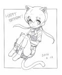  1girl :d animal_ears artist_request black_border black_panther_(kemono_friends) blush boots border collar collared_shirt dated dot_nose english eyebrows_visible_through_hair eyelashes floating floating_hair full_body hair_between_eyes hands_on_own_knees happy_birthday hatching_(texture) kemono_friends knees_together_feet_apart long_hair looking_at_viewer low_twintails monochrome neck_ribbon official_art open_mouth outside_border panther_ears panther_tail pleated_skirt pocket ribbon sanpaku shirt shoe_ribbon short_sleeves simple_background skirt smile solo tail tareme twintails white_background 