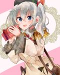  1girl :d beret blue_eyes box epaulettes gift gift_box hat holding holding_gift itomugi-kun jacket kantai_collection kashima_(kantai_collection) long_sleeves neckerchief open_mouth red_neckerchief sidelocks silver_hair smile solo two_side_up valentine wavy_hair white_jacket 