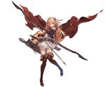  1girl arisa_(shadowverse) arrow belt blonde_hair bow bow_(weapon) brown_eyes cape dress elbow_gloves full_body gloves granblue_fantasy hair_bow holding holding_weapon long_hair looking_at_viewer official_art quiver shadowverse short_dress skirt sleeveless solo standing sword thigh-highs transparent_background weapon zettai_ryouiki 