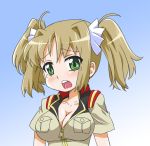 1girl blonde_hair blush breasts cleavage gobera green_eyes gundam gundam_card_builder large_breasts looking_at_viewer open_mouth reiko_holinger short_hair short_twintails simple_background solo twintails 