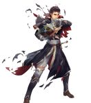 1boy black_hair book boots brown_eyes capelet cuboon fire_emblem fire_emblem:_thracia_776 fire_emblem_heroes full_body gloves highres male_focus official_art reinhardt_(fire_emblem) sword teeth torn_clothes transparent_background weapon 