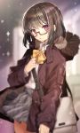  1girl :o bag bangs blurry bob_cut bow brown-framed_eyewear brown_coat brown_hair coat collared_shirt cowboy_shot depth_of_field eyebrows_visible_through_hair fur-trimmed_coat fur_trim gambe_(seelunto) glasses grey_skirt hand_up indoors looking_at_viewer open_clothes open_coat original parted_lips plaid plaid_skirt pleated_skirt satchel semi-rimless_glasses shirt short_hair skirt solo sparkle under-rim_glasses violet_eyes white_shirt yellow_bow 