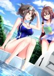  2girls ahoge blue_swimsuit breasts brown_eyes brown_hair chain-link_fence cleavage clipboard competition_swimsuit dutch_angle fence folded_ponytail goggles goggles_on_head highleg highleg_swimsuit long_hair mito_yoshihiro moe2017 multiple_girls one-piece_swimsuit open_mouth original poolside see-through shirt short_hair sitting starting_block stopwatch swimsuit swimsuit_under_clothes t-shirt watch water 