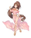 1girl bangs bare_shoulders brown_eyes brown_hair circlet dress eyebrows_visible_through_hair feet fire_emblem fire_emblem:_mystery_of_the_emblem fire_emblem_heroes flower full_body hair_flower hair_ornament highres jewelry linda_(fire_emblem) long_hair looking_at_viewer official_art ponytail sandals side_slit smile solo toes transparent_background 