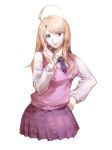  1girl akamatsu_kaede bangs beamed_quavers blonde_hair blush breasts collared_shirt cowboy_shot dangan_ronpa hand_on_hip head_tilt highres long_hair long_sleeves looking_to_the_side medium_breasts musical_note musical_note_hair_ornament musical_note_print necktie new_dangan_ronpa_v3 pink_sweater pleated_skirt pointing pointing_up pose purple_necktie ruukii_drift shirt sidelocks simple_background skirt solo sweater sweater_vest swept_bangs vest violet_eyes white_background white_shirt 