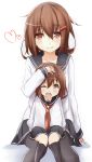  2girls ;d absurdres black_legwear blush brown_eyes brown_hair commentary fang hair_ornament hairclip hand_on_another&#039;s_head heart highres if_they_mated ikazuchi_(kantai_collection) kantai_collection looking_at_viewer mother_and_daughter multiple_girls neckerchief older one_eye_closed open_mouth pantyhose petting pleated_skirt revision saku_(kudrove) school_uniform serafuku short_hair simple_background sitting sitting_on_lap sitting_on_person skirt smile white_background younger 