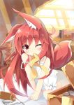  1girl animal_ears bed blush book box fox_ears fox_tail holding indoors kushida_you long_hair messy_hair mouth_hold on_bed one_eye_closed original pocket_watch red_eyes redhead ribbon tail watch 