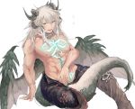  1boy between_legs boots buranran chest_tattoo dark_skin dragon_boy dragon_horns dragon_tail dragon_wings fate/apocrypha fate_(series) flying_sweatdrops full_body green_eyes horns long_hair male_focus open_mouth saber_of_black simple_background sitting solo tail tattoo white_background white_hair wings 