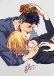  2boys 2y animal_print black_hair blonde_hair bow chocolate closed_eyes dated gift hair_over_eyes heart-shaped_box lying male_focus multiple_boys on_back otabek_altin shared_food tiger_print valentine yaoi yuri!!!_on_ice yuri_plisetsky 