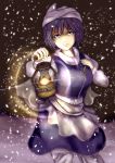  1girl absurdres apron blue_dress blue_eyes breasts closed_mouth cowboy_shot dress head_scarf highres kagami_toufu large_breasts letty_whiterock long_sleeves looking_at_viewer oil_lamp puffy_long_sleeves puffy_sleeves purple_hair short_hair smile snowing solo touhou waist_apron 