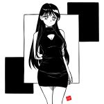  1girl arm_behind_back bishoujo_senshi_sailor_moon breasts chris_re5 cleavage cleavage_cutout dress highres hino_rei long_hair monochrome signature smile solo 