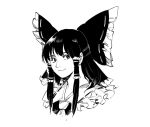 1girl :3 ascot bangs bow frilled_shirt_collar frills hair_bow hair_tubes hakurei_reimu looking_at_viewer looking_to_the_side monochrome ribbon-trimmed_collar ribbon-trimmed_headwear ribbon_trim ruukii_drift shiny shiny_hair sidelocks simple_background sketch smile touhou uneven_eyes upper_body white_background 