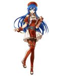  1girl belt blue_eyes blue_hair book boots bracelet bunbun capelet detached_collar dress fire_emblem fire_emblem:_fuuin_no_tsurugi fire_emblem_heroes full_body gloves hat highres holding holding_book jewelry lilina long_hair looking_at_viewer official_art open_mouth pantyhose pleated_skirt short_sleeves skirt smile solo standing thigh-highs thigh_boots transparent_background 