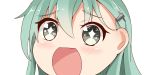  +_+ 1girl close-up green_eyes green_hair hair_ornament hairclip kantai_collection long_hair looking_at_viewer no_nose open_mouth simple_background sin-poi solo sparkling_eyes suzuya_(kantai_collection) symbol-shaped_pupils white_background 