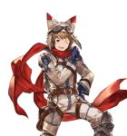  1boy alpha_transparency animal_hat blue_gloves brown_eyes brown_hair gloves goggles goggles_on_headwear gran_(granblue_fantasy) granblue_fantasy hand_on_hip hat male_focus minaba_hideo official_art one_eye_closed racing_suit red_scarf scarf smile solo transparent_background 
