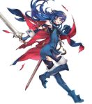  1girl armpits blue_eyes blue_hair breasts cape fingerless_gloves fire_emblem fire_emblem:_kakusei fire_emblem_heroes full_body gloves highres holding holding_weapon jewelry long_hair lucina maiponpon official_art scabbard sheath shoes small_breasts solo sword thigh-highs tiara torn_clothes transparent_background weapon wrist_cuffs 