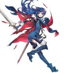  1girl armpits blue_eyes blue_hair breasts cape fingerless_gloves fire_emblem fire_emblem:_kakusei fire_emblem_heroes full_body gloves highres holding holding_weapon jewelry long_hair lucina maiponpon official_art scabbard sheath shoes small_breasts solo sword thigh-highs tiara torn_clothes transparent_background weapon wrist_cuffs 