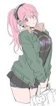  1girl bag black_shirt buckle copyright_name cowboy_shot eyebrows_visible_through_hair green_jacket handbag headphones holding_bag jacket jeje_(pixiv12541114) long_hair nitroplus open_clothes open_jacket pink_hair ponytail red_eyes shirt short_shorts shorts solo super_sonico 