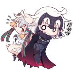  2girls ahoge armor bell beni_shake blonde_hair blush cape chibi fate/grand_order fate_(series) hair_ribbon headpiece jeanne_alter jeanne_alter_(santa_lily)_(fate) long_hair looking_at_another multiple_girls ribbon ruler_(fate/apocrypha) simple_background smile white_background yellow_eyes younger 