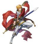  1boy artist_request attack bared_teeth belt blonde_hair boots brown_eyes coat collar cravat eltoshan_(fire_emblem) fire_emblem fire_emblem:_seisen_no_keifu fire_emblem_heroes full_body highres holding holding_sword holding_weapon knee_boots male_focus mystletainn official_art pants red_coat serious sheath sheathed short_hair short_hair_with_long_locks solo sword teeth transparent_background weapon white_pants 