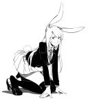  1girl animal_ears bangs blazer bunny_tail collared_shirt high_heels highres jacket kneeling long_hair long_sleeves looking_at_viewer monochrome necktie pleated_skirt rabbit_ears reisen_udongein_inaba ruukii_drift shirt sidelocks simple_background skirt smile solo tail thigh-highs thighs touhou very_long_hair white_background 