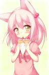  1girl absurdres animal_ears dog_ears dress food hair_bobbles hair_ornament highres irotoridori_no_sekai minamashiro pink_dress pink_hair puffy_short_sleeves puffy_sleeves ren_(irotoridori_no_sekai) short_hair short_sleeves smile yellow_eyes 