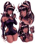  1girl breasts dark_skin demon_girl demon_tail dress earrings fangs groin heart high_ponytail horns iahfy jewelry letter long_hair medium_breasts no_panties nude one_eye_closed original pointy_ears ponytail side_slit sidelocks succubus sweater synth_(iahfy) tail very_long_hair 