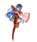  1girl blue_eyes blue_hair book boots capelet dress fire_emblem fire_emblem:_fuuin_no_tsurugi fire_emblem_heroes full_body gloves hat highres holding holding_book leg_up lilina long_hair official_art open_mouth pantyhose pleated_skirt short_sleeves skirt solo thigh-highs thigh_boots transparent_background 