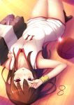  1girl bag basketball basketball_uniform breasts brown_eyes brown_hair cleavage diffraction_spikes duffel_bag gym_uniform highres long_hair lying moe2017 momo_no_kanzume on_back original solo sportswear sweatband upside-down wooden_floor 