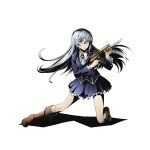  1girl blue_eyes blue_skirt boots brown_boots divine_gate eyebrows_visible_through_hair full_body grey_hair gunblade hair_ornament knee_boots kneehighs la_folia_rihavein long_hair looking_at_viewer official_art one_knee pleated_skirt skirt smile solo strike_the_blood transparent_background ucmm weapon 