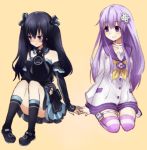  2girls bare_shoulders black_hair blancpig_yryr blush breasts choujigen_game_neptune d-pad elbow_gloves female gloves hair_ornament hand_holding highres long_hair multiple_girls nepgear neptune_(series) purple_hair red_eyes smile striped thigh-highs twintails uni_(choujigen_game_neptune) violet_eyes yuri 