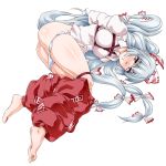  1girl arms_behind_back ass baggy_pants bangs barefoot bdsm blush bondage bound bow breasts clenched_teeth dress_shirt eyebrows_visible_through_hair feet fujiwara_no_mokou full_body hair_bow juliet_sleeves long_hair long_sleeves looking_at_viewer medium_breasts nose_blush ootsuki_wataru panties pants pants_pull panty_pull puffy_sleeves red_eyes red_pants restrained scowl shibari shirt silver_hair solo teeth touhou underwear very_long_hair white_bow white_panties white_shirt 