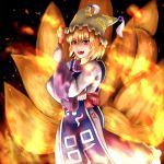  &gt;:d 1girl :d bangs blonde_hair cowboy_shot dress fangs fire fox_tail hat highres kagami_toufu kitsune kyuubi long_sleeves looking_at_viewer mob_cap multiple_tails ofuda open_mouth pillow_hat red_eyes short_hair smile solo tabard tail tassel touhou white_dress wide_sleeves yakumo_ran 